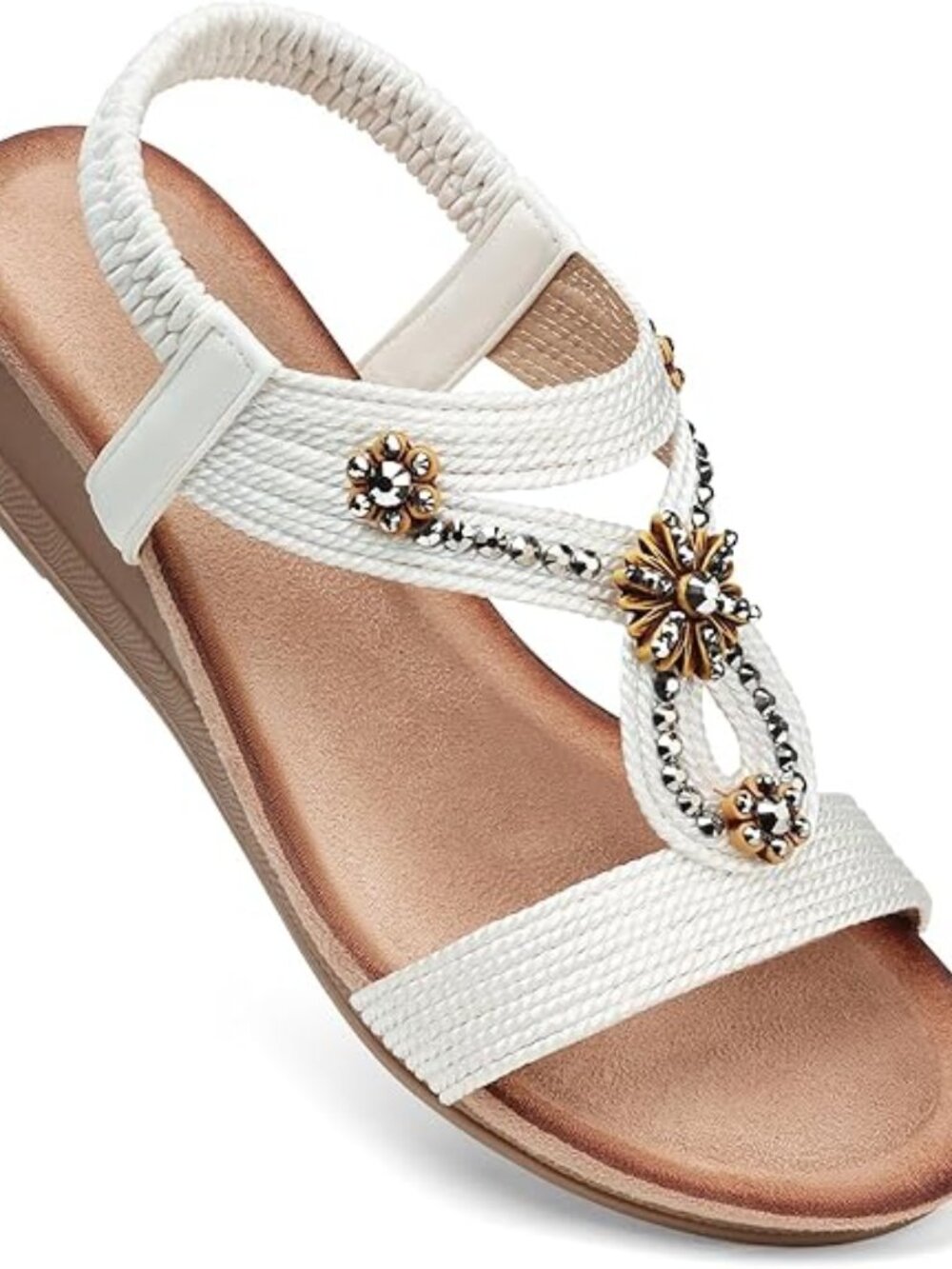 Womens Wedge Sandals Flower Low Heel Dressy Sandals Elastic Ankle Strap Rhinesto